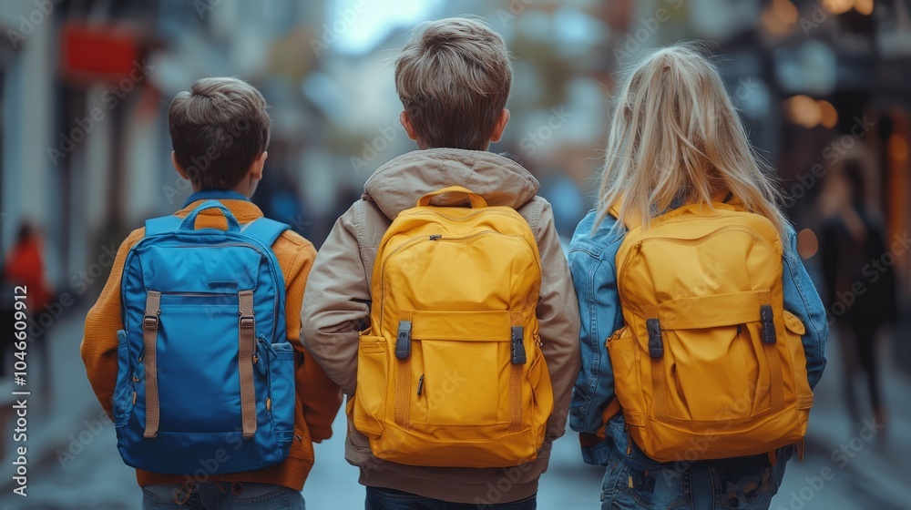 In a lively urban setting, three children walk together, their colorful backpacks bouncing as they enjoy exploring the bustling street In a lively urban setting, three children walk together, their colorful backpacks bouncing as they enjoy exploring the bustling street
