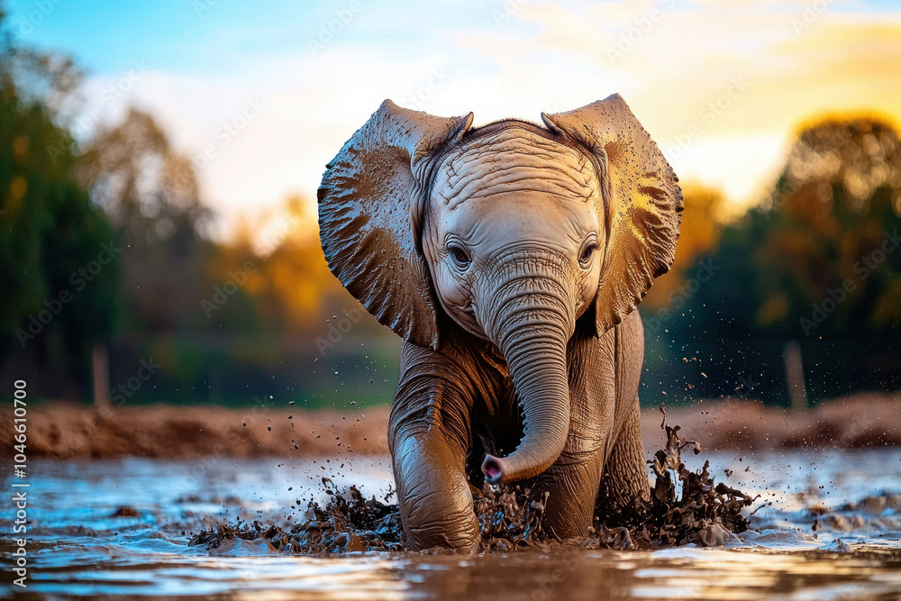Fototapeta premium A baby elephant playing in the mud, A playful elephant splashes through water at sunset, showcasing its majestic presence and vibrant natural surroundings.