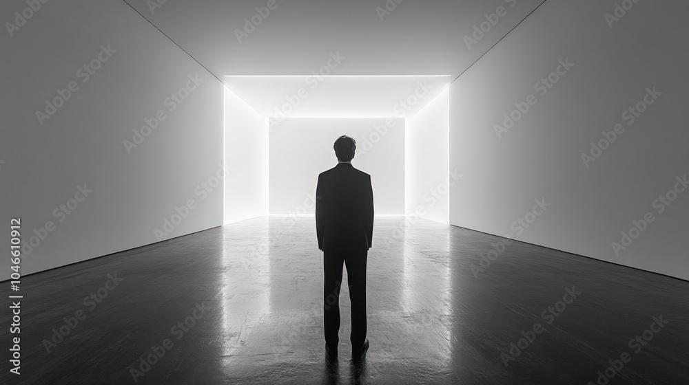 Fototapeta premium A lone man stands in a white room illuminated by a bright light source in the back wall. 