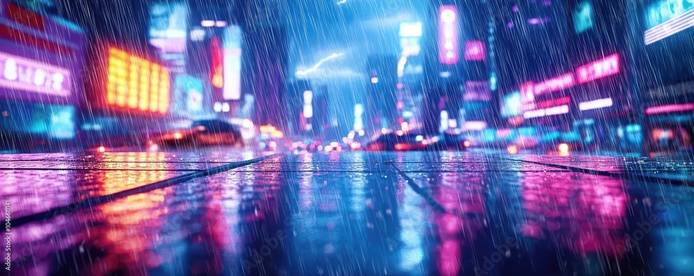 Vibrant city street at night, illuminated by neon lights and reflecting on wet pavement. Vibrant city street at night, illuminated by neon lights and reflecting on wet pavement.