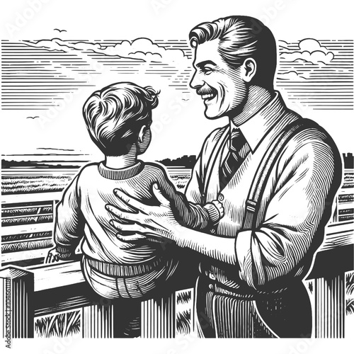 father bonding with his son, overlooking a rural landscape in classic attire sketch engraving generative ai fictional character vector illustration. Scratch board imitation. Black and white image.