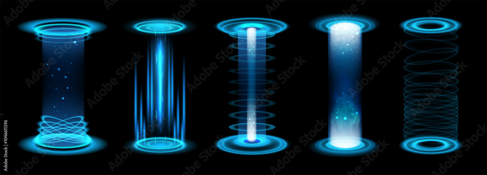 Light realistic portal. Level up blue futuristic neon glow beam power game stage with vortex, teleport podium. HUD portals energy with blue rays. 3D tech vector isolated set.