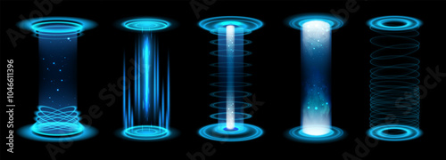 Light realistic portal. Level up blue futuristic neon glow beam power game stage with vortex, teleport podium. HUD portals energy with blue rays. 3D tech vector isolated set.