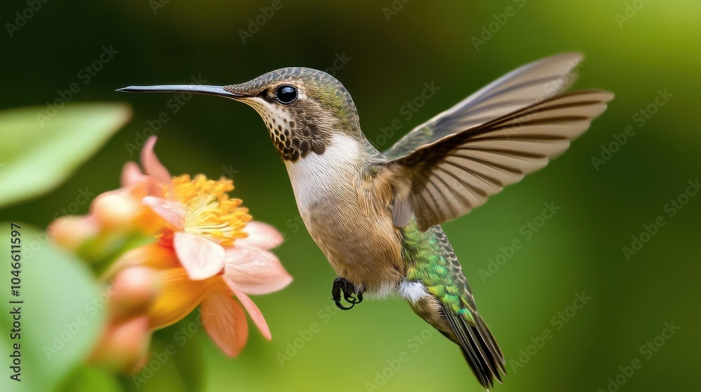 Fototapeta premium A close-up of a hummingbird at a flower.
