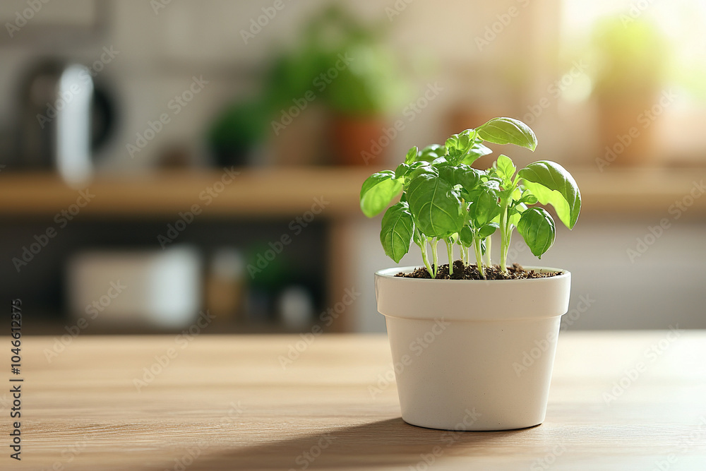 Basil in a pot in the kitchen, blurry kitchen in the background. Basil in a pot in the kitchen, blurry kitchen in the background.