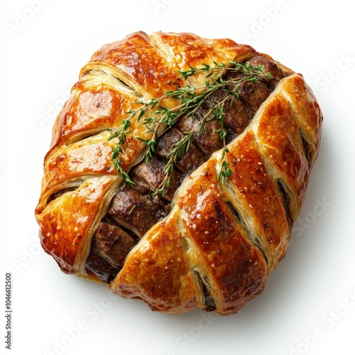 Delicious pastry filled with meat and herbs, uniquely shaped for gourmet presentation, white isolate background. photo