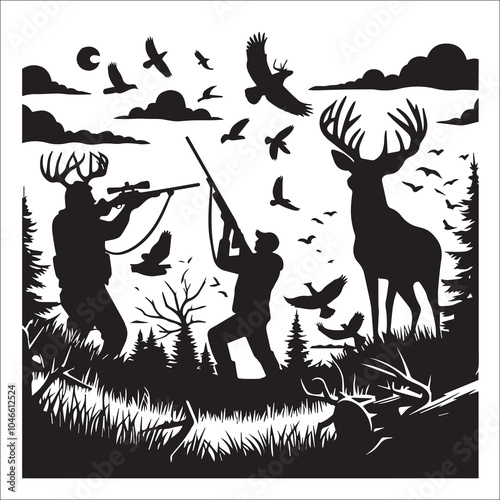 Hunting Deer Svg Vector Silhouette File,stamp, antlers, font, fashion, fisherman, outdoor, man hunt, hunter man, hunting gun, rifle, hobby, card, t shirt design, wilderness, letter, hunting rifle,