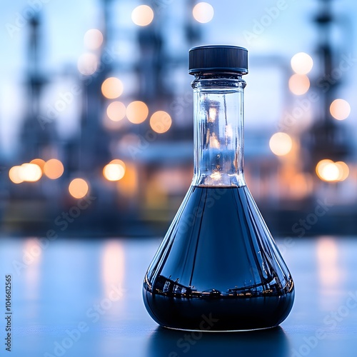 A glass bottle filled with dark liquid, set against a blurred industrial background with bright bokeh lights, suggesting a laboratory or chemical setting. photo