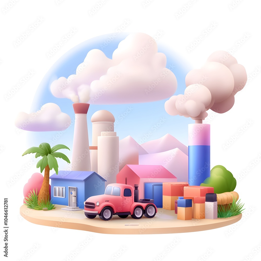 A colorful factory landscape with a pink truck, palm trees, and billowing smoke stacks, depicting an industrial scene in a cartoon style.