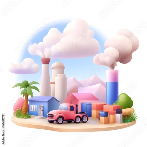 Obraz na płótnie A colorful factory landscape with a pink truck, palm trees, and billowing smoke stacks, depicting an industrial scene in a cartoon style. w salonie