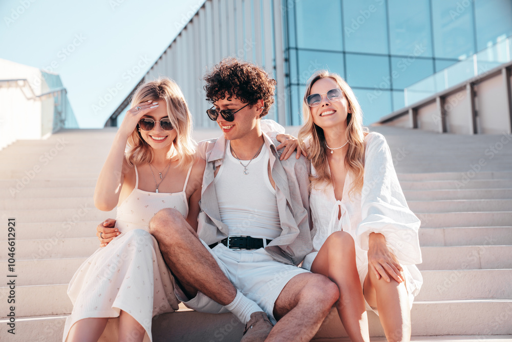 Young three stylish friends posing in the street. Fashion man and two cute female dressed in casual summer clothes. Smiling models having fun. Cheerful women and guy outdoors, in sunny day, at stairs Young three stylish friends posing in the street. Fashion man and two cute female dressed in casual summer clothes. Smiling models having fun. Cheerful women and guy outdoors, in sunny day, at stairs