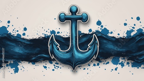 Stylized blue anchor illustration amid vibrant ink splatters and wave design. photo