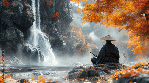 Wise adult samurai in straw traditional hat sitting on the shore of a body of water overlooking high mountains.