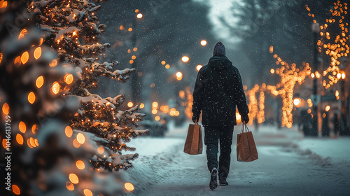 joyful shopper walking through snowy street, carrying shopping bags amidst festive lights and decorations. scene captures spirit of holiday shopping