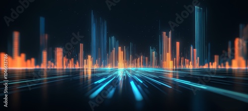 Futuristic Smart City at Night with Light Trails, Digital Cityscape with Glowing Buildings