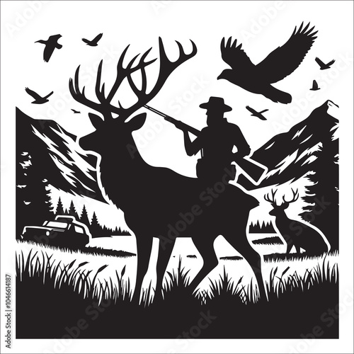 Hunting Deer Svg Vector Silhouette File,stamp, antlers, font, fashion, fisherman, outdoor, man hunt, hunter man, hunting gun, rifle, hobby, card, t shirt design, wilderness, letter, hunting rifle,