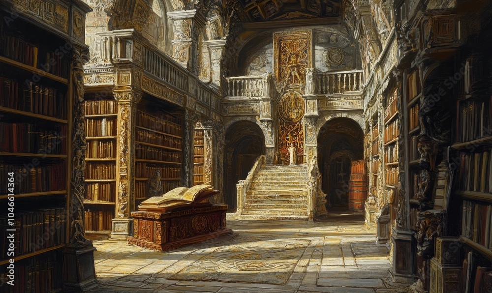 Ancient library with bookshelves and a staircase. Ancient library with bookshelves and a staircase.
