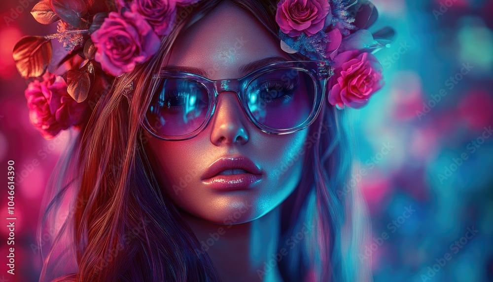 Obraz premium A beautiful woman wearing round sunglasses and colorful floral stands in front of an abstract background, surrounded by vibrant colors and intricate patterns