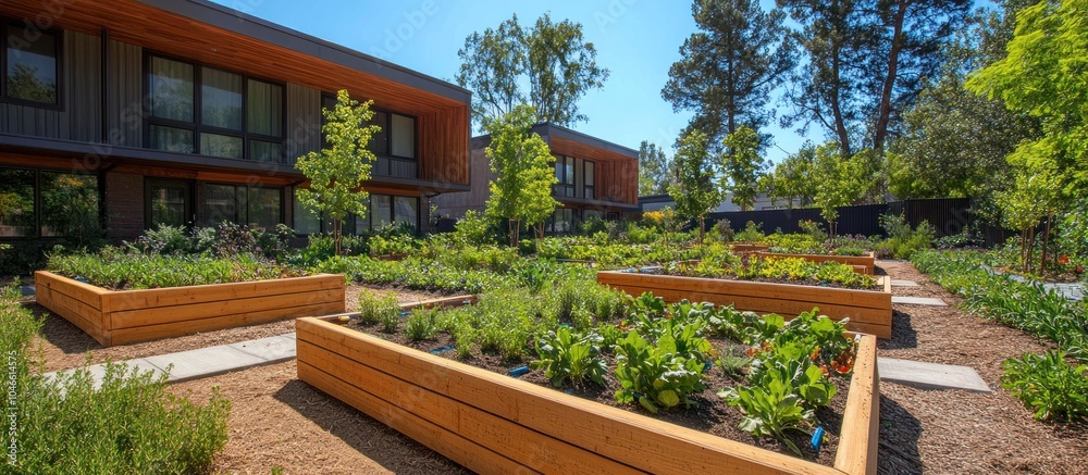 A community garden with raised beds in front of a modern apartment building. A community garden with raised beds in front of a modern apartment building.