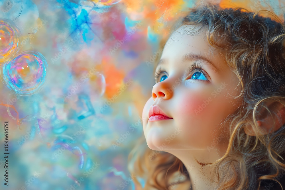 A little girl looking up at bubbles in the air A little girl looking up at bubbles in the air