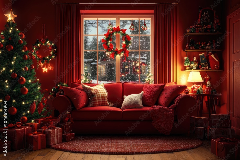 Cozy Christmas Living Room with Red Decor and Snowy Window View Cozy Christmas Living Room with Red Decor and Snowy Window View