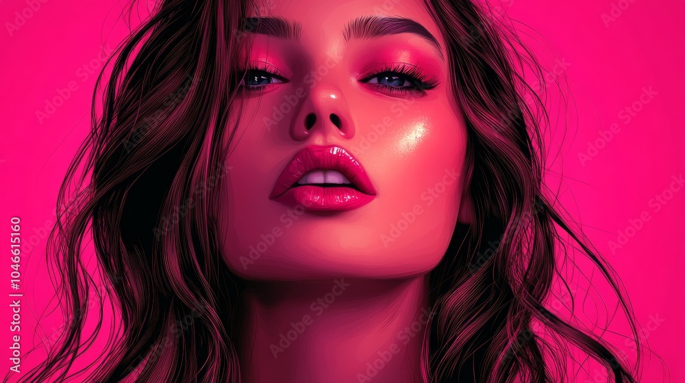 Fototapeta premium A stunning young woman with long brown hair poses against a vibrant pink backdrop, showcasing bold makeup and glossy lips.