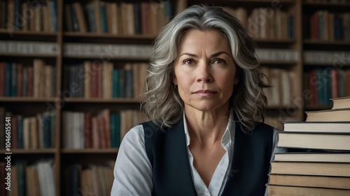 an old woman is looking hopefully in the library photo