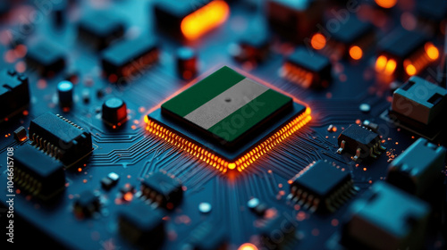 A microprocessor with the Nigeria flag is embedded on a circuit board, highlighted by glowing lights, showcasing influence in global semiconductor and computing technology.