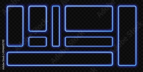 Neon frame. Blue light rectangle glowing borders with led neon effect. Square shiny futuristic banners with rounded corners. UI line elements, vibrant border frames vector set.