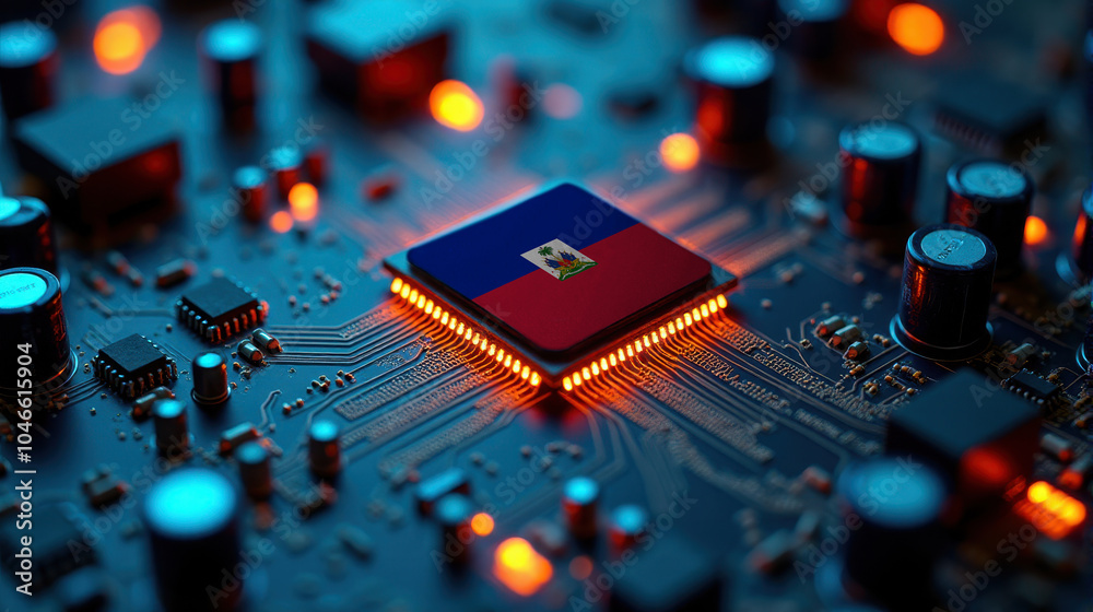 A Haiti flagged microchip is centered on a circuit board, surrounded by illuminated components, symbolizing role in semiconductor innovation and technology leadership. A Haiti flagged microchip is centered on a circuit board, surrounded by illuminated components, symbolizing role in semiconductor innovation and technology leadership.