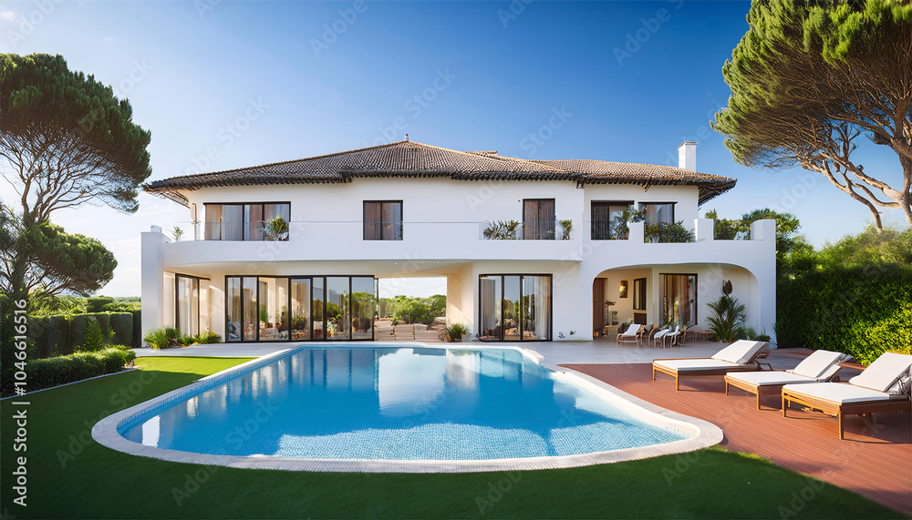 Fototapeta premium Luxurious villa with a pool under clear skies, showcasing modern architecture