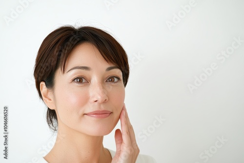 Refreshing beauty portrait of a serene woman with a natural smile against minimalistic background