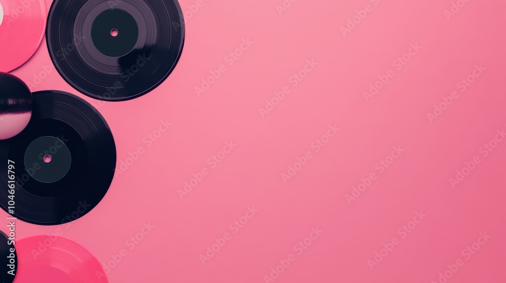 Photo of, Pink background with minimalist retro disco elements like vinyl records and disco balls for design, banner template