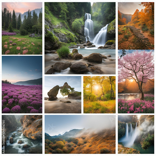 A breathtaking collage of landscapes featuring waterfalls, forests, blooming flowers, and seasonal scenes, capturing the beauty of nature in vibrant, serene, and inspiring settings.