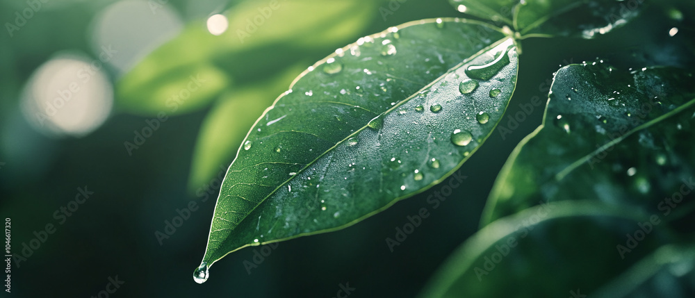 Fototapeta premium Closeup of a DewCovered Green Leaf with Sunlight Shining Through