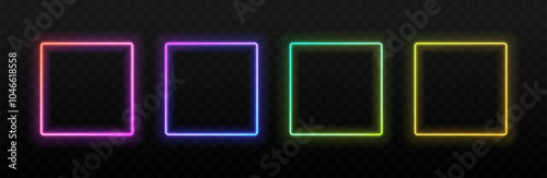 Neon light square frame. Rectangle glowing borders with pink, green and blue, yellow led neon. Shiny futuristic banners. UI line boxes, vibrant border frames vector set.