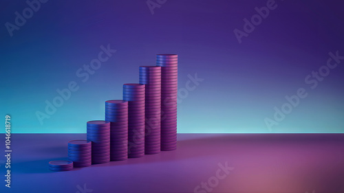 Stacks of coins forming a growing chart on a colorful background.