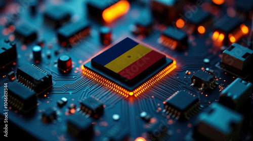 A microprocessor with the Romania flag is embedded on a circuit board, highlighted by glowing lights, showcasing influence in global semiconductor and computing technology.