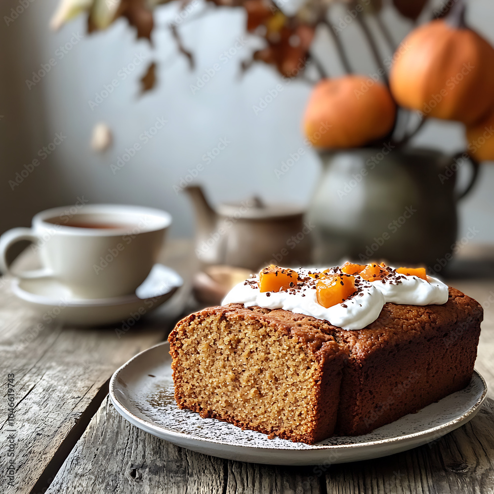 A perfectly sliced loaf of persimmon gingerbread topped with cream and fruit, served on rustic plate. warm ambiance is enhanced by cup of tea and autumn decor, creating cozy atmosphere A perfectly sliced loaf of persimmon gingerbread topped with cream and fruit, served on rustic plate. warm ambiance is enhanced by cup of tea and autumn decor, creating cozy atmosphere