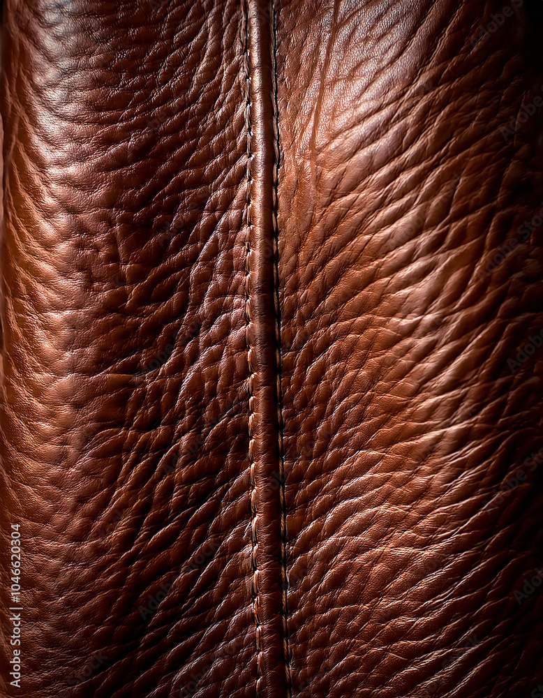 Close-up of a brown leather texture, with visible wrinkles and folds