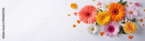 Vibrant floral arrangement with colorful gerbera and roses on white background