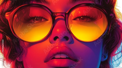 A close-up of a young Latina woman with vibrant sunglasses, showcasing colorful reflections and a bold, artistic style.