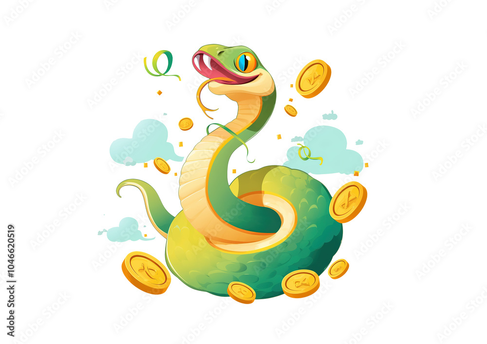 Naklejka premium A cartoon depiction of a green snake with a transparent background, intended for use in advertising materials and promotional content for the Chinese Lunar New Year of the Snake in 2025.