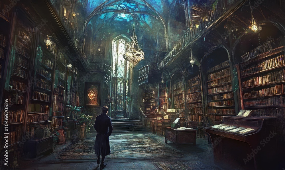 A lone figure walks through an ancient library. A lone figure walks through an ancient library.