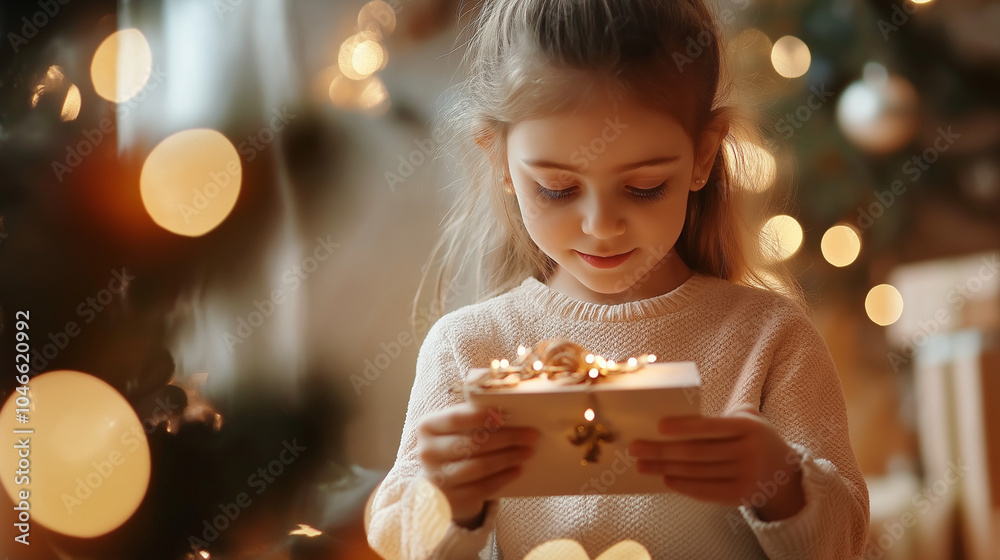 Naklejka premium A young girl smiles as she opens a Christmas gift.