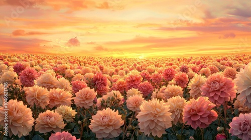 Sunset Dahlia Dreamscape   A Vibrant Field of Giant Blooming Dahlias in Enchanting Scenery