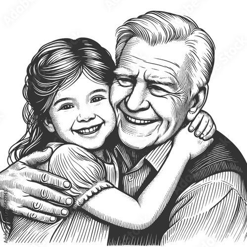 joyful grandfather embracing his smiling granddaughter, family love and generational bonds sketch engraving generative ai vector illustration. Scratch board imitation. Black and white image