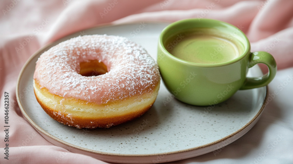 Sugar donut with hot matcha Sugar donut with hot matcha