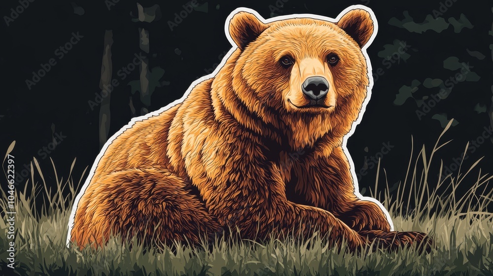 A detailed illustration of a resting brown bear in a serene forest setting, with vivid colors and textures. A detailed illustration of a resting brown bear in a serene forest setting, with vivid colors and textures.