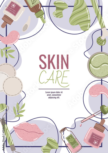 Skin care flyer design. Poster with cosmetic products, face mask, gua sha, serum. Facial skin care, skin moisturizing. Banner for beauty salon, spa, etc.